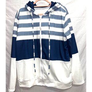Full-Zip Hoodie XXL Blue and White Striped Jacket w Drawstring Hood & Pockets